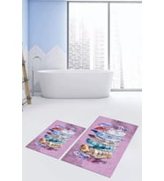 EVDEYA Dijital Baskılı Yıkanabilir Renkli Etnik Yaprak Desen İkili Banyo Halısı Klozet Takımı, KLOZET-25-GRİ, (Pembe)