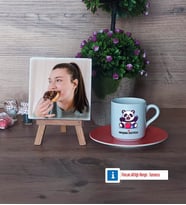 Sevimli Panda Fotoğraflı Dekoratif Taş, Ahşap Altlıklı Türk Kahvesi Fincanı Hediye (Model 8)