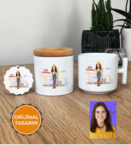 Kişiye Özel Karikatürlü İnşaat Mühendisi Hediye Seti T Kupa, Kalemlik, Anahtarlık Kadın İnşaat Mühendisine Mühendisler Günü Hediyesi (Beyaz)