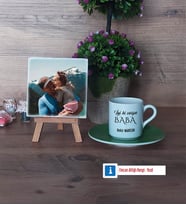 Babaya Hediye Fotoğraflı Dekoratif Taş, Ahşap Altlıklı Türk Kahvesi Fincanı Hediye (Model 9)