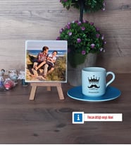 Babalar Günü Hediyesi Fotoğraflı Dekoratif Taş, Ahşap Altlıklı Türk Kahvesi Fincanı Hediye (Model 5)