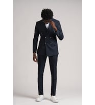 Adimo Slimfit Sivri Yaka Çift Yırtmaçlı Çizgili Kruvaze Takım Elbise  (Lacivert)