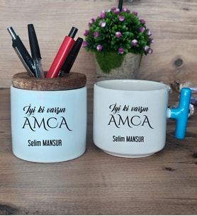 İyi Ki Varsın Amca Hediye Sepeti Kupa Bardak T Kulplu, Kalemlik Hediyeleri Amcaya Doğum Günü Hediyesi (Model 3)