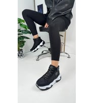 Kadın Sneaker Simli Bağcıklı Yüksek Kalın Taban Bilekli Hafif Spor Ayakkabı 2410 (Siyah)