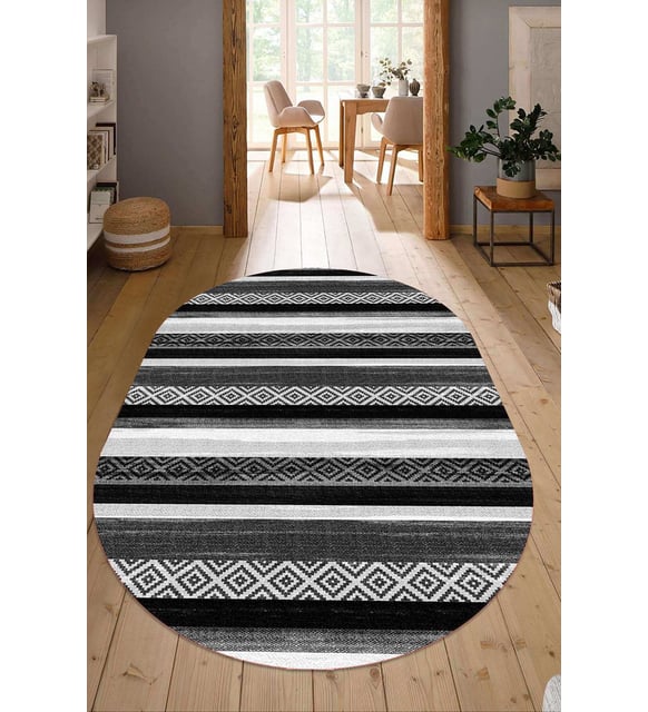 Dijital Baskılı Kaymaz Taban Yıkanabilir Oval Salon Halısı Mutfak Halısı Yolluk NDO-HT-1002 (Siyah)