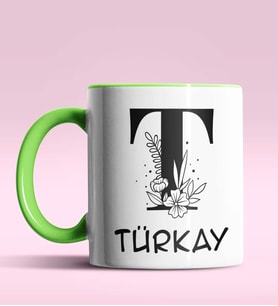 Kişiye Özel T Harfi Romantik Tasarım Siyah Renk Kupa (Yeşil)