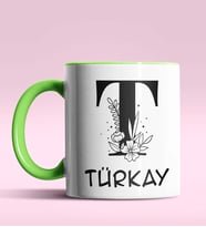 Kişiye Özel T Harfi Romantik Tasarım Siyah Renk Kupa (Yeşil)