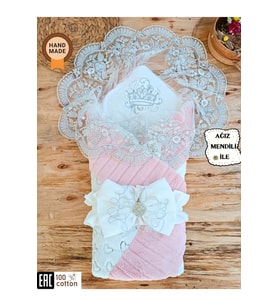 Yenidoğan Unisex Bebek Kundağı & Hastane Çıkışı - Gül Kurusu & Dantelli Dış Kundak (Pembe)