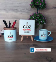 Göz Doktoru Hediye Seti Dekoratif Taş, Kalemlik, Ahşap Altlıklı Türk Kahvesi Fincanı Hediye (Model 5)