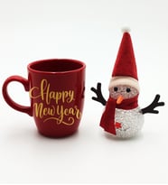 Yılbaşına Özel Happy New Year Temalı Kırmızı Kupa & Kardan Adam Hediye Seti (Model 2)