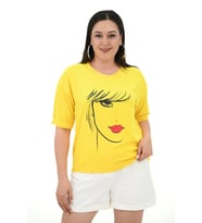 Kadın Büyük Beden Yüz Baskılı T-shirt 1788-25 (Sarı)