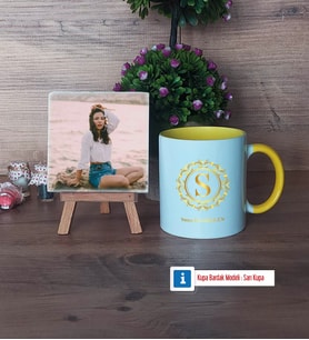 Gold Baş Harf Fotoğraflı Dekoratif Taş, Kupa Bardak Beyaz Hediye (Model 7)