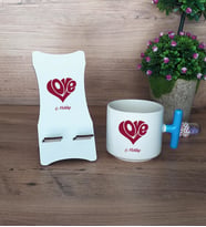 Love Sevgili Hediye Sepeti Kupa Bardak T Kulplu ve Ahşap Telefon Standı Sevgiliye Sevgililer Günü Hediyesi (Model 3)