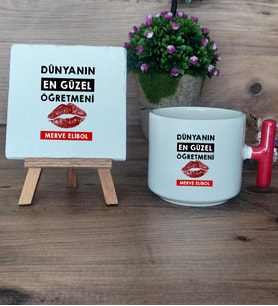 Dünyanın En Güzel Öğretmeni Hediye Seti Kupa Bardak T Kulplu ve Dekoratif Taş Öğretmenler Günü Hediyesi (Model 1)