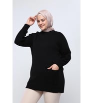 Kadın Büyük Beden Kolu Saç Örgülü Cepli Kışlık Triko Tunik 4372 (Siyah)
