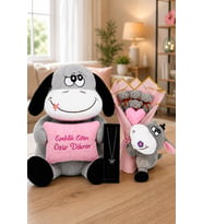 Sevgiliye Anlamlı Özür Hediyesi 97 cm Peluş Eşek, Eşek Buketi ve Kelebek Kolye Seti (Gri)