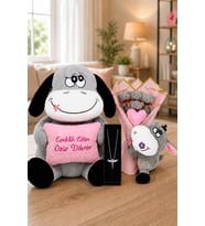 Sevgiliye Anlamlı Özür Hediyesi 97 cm Peluş Eşek, Eşek Buketi ve Melek Kolye Seti (Gri)