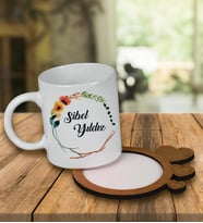 Kişiye Özel Tasarım Kupa Bardak Ve Kalp Desenli Ahşap Bardak Altlığı 99510 (Pembe)