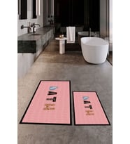 EVDEYA Dijital Baskılı Yıkanabilir Renkli Bath Yazılı İkili Banyo Paspası Klozet Takımı, KLOZET-8-BEYAZ, (Pembe)
