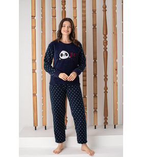 Lukitus Polar Peluş Kışlık Panda Desen Kadın Pijama Takımı (Lacivert)