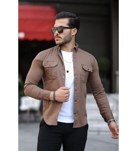 Mero Life Erkek Slim Fit Dar Kesim Kot Gömlek (Kahverengi Açık)