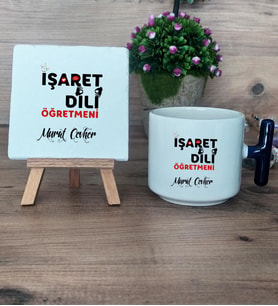 İşaret Dili Öğretmeni Hediye Seti Kupa Bardak T Kulplu ve Dekoratif Taş Öğretmenler Günü Hediyesi (Model 2)