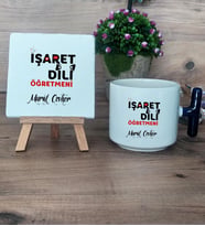 İşaret Dili Öğretmeni Hediye Seti Kupa Bardak T Kulplu ve Dekoratif Taş Öğretmenler Günü Hediyesi (Model 2)