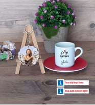 En İyi Öğretmen Türk Kahvesi Fincanı Ahşap Altlıklı ve Fotoğraflı Ahşap Anahtarlık Hediye (Model 3)
