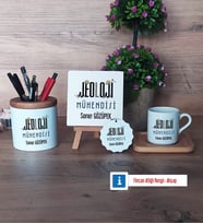 Jeoloji Mühendisi Hediye Seti Dekoratif Taş, Kalemlik, Ahşap Altlıklı Türk Kahvesi Fincanı, Ahşap Anahtarlık Hediye (Model 1)