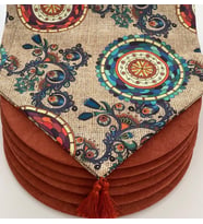 Amerikan servis takımı, (çuval baskılı etnik mandala desen runner & 6' lı supla) (Kiremit)
