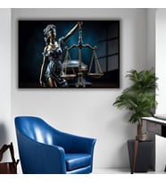 Metal Çerçeveli Yatay Cam Avukat Büro Tablosu Adalet Terazisi Kadın (Siyah)