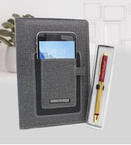 Kişiye Özel Telefon Cepli Gri Defter & Gold Siyah Renk Roller Kalem Hediye Seti (Kırmızı)