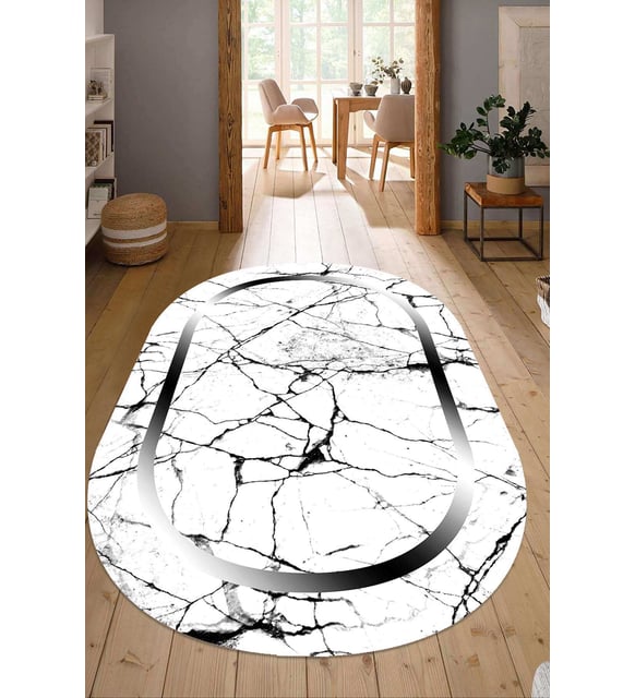 Dijital Baskılı Kaymaz Taban Yıkanabilir Oval Salon Halısı Mutfak Halısı Yolluk NDO-SD-576 (Beyaz)