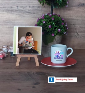 Developer Fotoğraflı Dekoratif Taş, Ahşap Altlıklı Türk Kahvesi Fincanı Hediye (Model 8)
