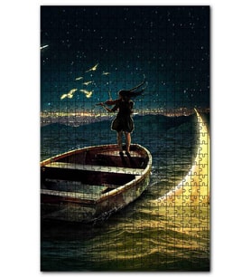 Cakapuzzle Deniz Sandal Keman Çalan Kız Sudan Çıkan Ay Puzzle Yapboz MDF(Ahşap) (255 Parça)