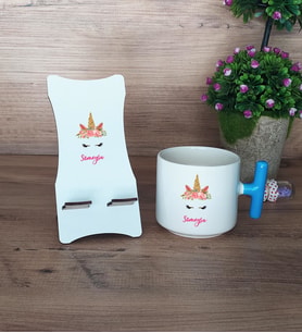 Unicorn Hediye Sepeti Kupa Bardak T Kulplu ve Ahşap Telefon Standı Arkadaşa Kız Kardeşe Hediye (Model 3)
