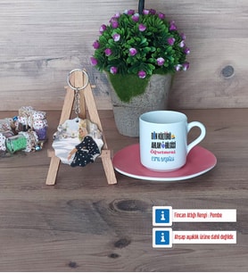 Din Kültürü Öğretmeni Türk Kahvesi Fincanı Ahşap Altlıklı ve Fotoğraflı Ahşap Anahtarlık Hediye Öğretmenler Günü Hediyesi (Model 6)