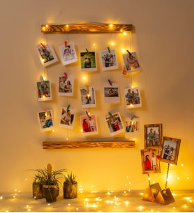 Kişiye Özel 12 Fotoğraflı Mandallı Jüt İpli 3 Mt Led Işıklı Masif Ahşap Fotoğraf Çerçeve Askısı (Kahverengi)