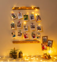 Kişiye Özel 12 Fotoğraflı Mandallı Jüt İpli 3 Mt Led Işıklı Masif Ahşap Fotoğraf Çerçeve Askısı (Kahverengi)