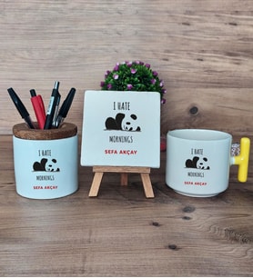 Sevimli Panda Hediye Sepeti Kupa Bardak T Kulplu, Kalemlik ve Dekoratif Taş Arkadaşa Hediye (Model 5)