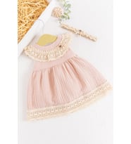 Güpür Yakalı Bandanalı Yazlık Müslin Bebek Elbise (Pudra)