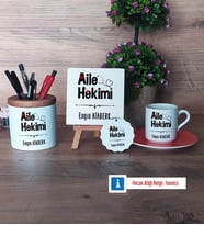 Aile Hekimi Hediye Seti Dekoratif Taş, Kalemlik, Ahşap Altlıklı Türk Kahvesi Fincanı, Ahşap Anahtarlık Hediye (Model 8)