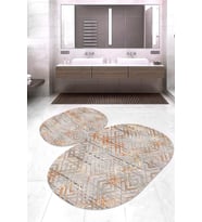 Dijital Baskılı Kaymaz Taban Yıkanabilir Oval 2'li Klozet Takımı Banyo Paspası NOKZ-HT-1394 (Bej)