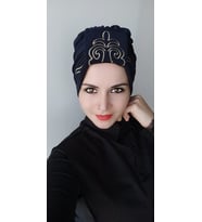 Kadın Şal Desen Çift Taraflı Bone (Lacivert)