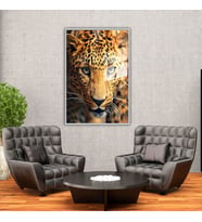 Metal Çerçeveli Temperli Cam Tablo Yakın Çekim Leopar (Gümüş)