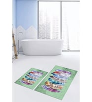 EVDEYA Dijital Baskılı Yıkanabilir Renkli Etnik Yaprak Desen İkili Banyo Halısı Klozet Takımı, KLOZET-25-GRİ, (Yeşil)
