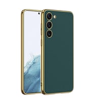 Galaxy S23 Kılıf Deri Görünümlü Kenarları Elektroplating Kaplama Zore Fizyon Kılıf (Koyu Yeşil)