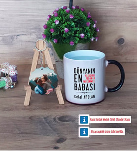 Babalar Günü Hediyesi Kupa Bardak Beyaz ve Fotoğraflı Ahşap Anahtarlık Hediye (Model 9)