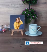 İsme Özel Doğum Günü Hediyesi Fotoğraflı Dekoratif Taş, Ahşap Altlıklı Türk Kahvesi Fincanı Hediye (Model 2)