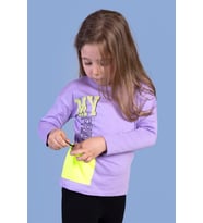 Toontoy Kız Çocuk Cep Detaylı Baskılı Tişört (Lila)